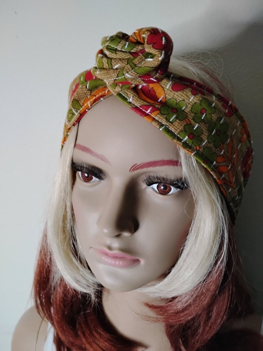 Kantha Wire Headband Boho Floral Brown Red Green Versatile Handmade Boho KWH2.